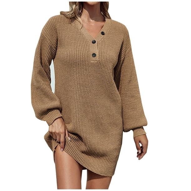 Mujeres Casual Moda Sólido Jersey Manga larga Cuello en V Suéter Kness-Vestido alto Pompotops hdfakjf7736