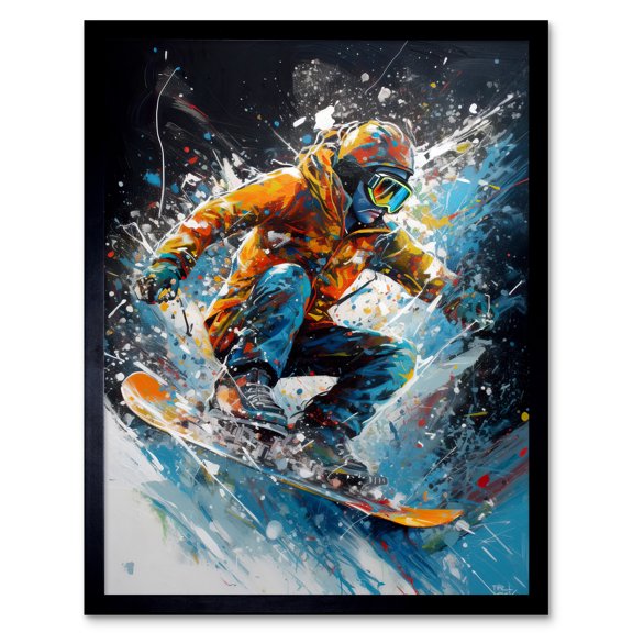 Snowboarder Landing Snowboard Jump Splatter Paint Art Print Framed Poster Wall Decor 12x16 inch