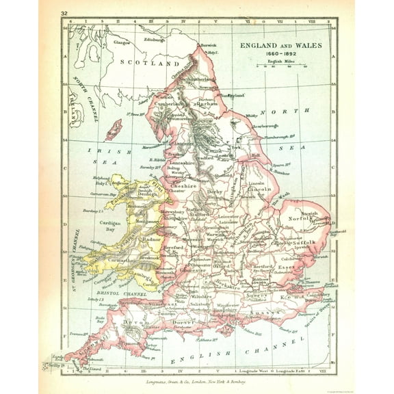 Historic Map - England Wales 1660 - Gardiner 1902 - Vintage Wall Art