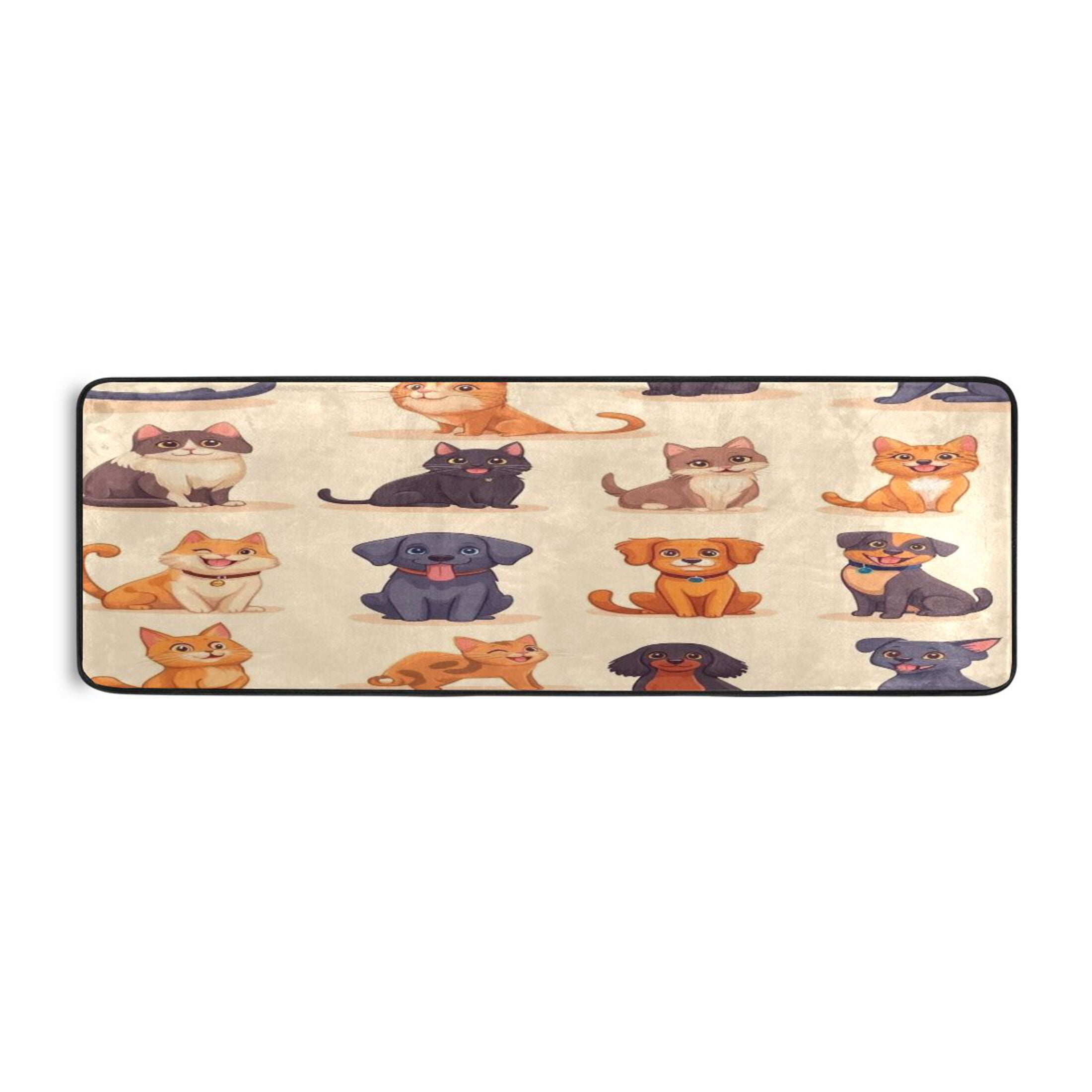 Cartoon Cats and Dogs Pattern 72x24" Runner Rug, Non-Slip Memory Foam Cushion, Anti-Crease for Hallways and Bedrooms