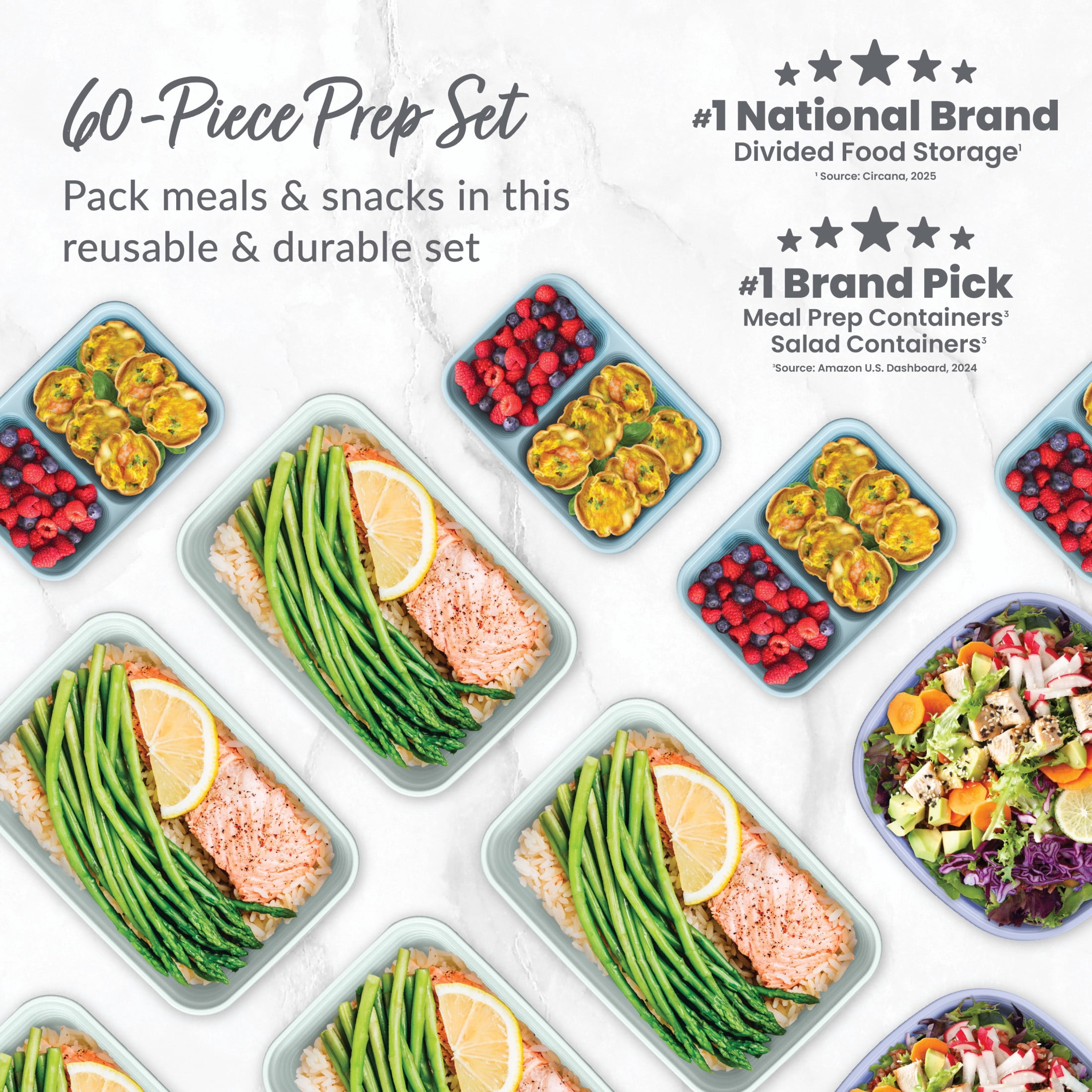 Bentgo Prep 60-Piece Variety Meal Prep Kit - Reusable & BPA-Free Food Containers 1-Compartment Trays, Prep Bowls, & Snack Boxes - Microwave, Freezer, & Dishwasher Safe (Floral Pastels)