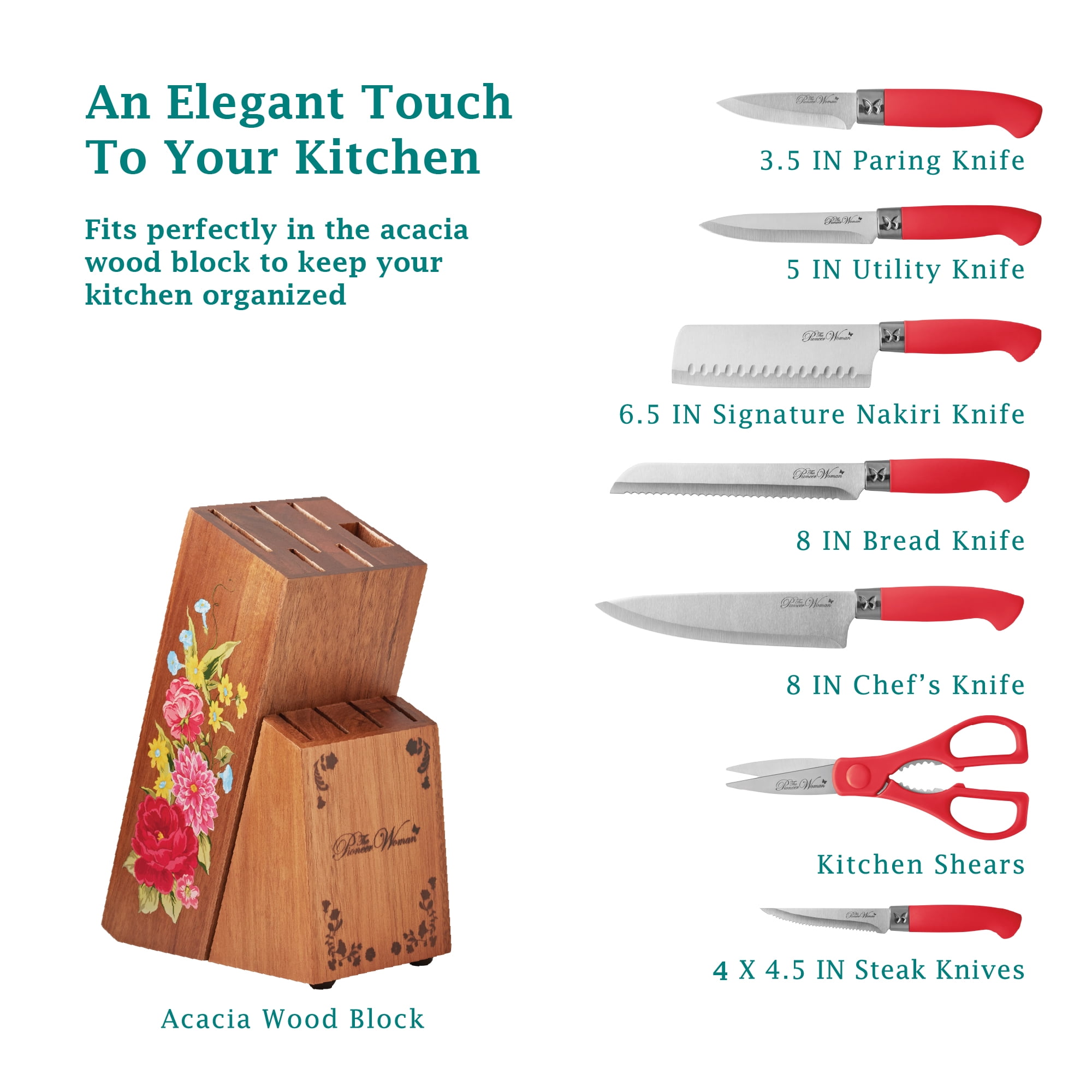 The Pioneer Woman Sweet Rose 11-Piece Stainless Steel Knife Block Set, Red