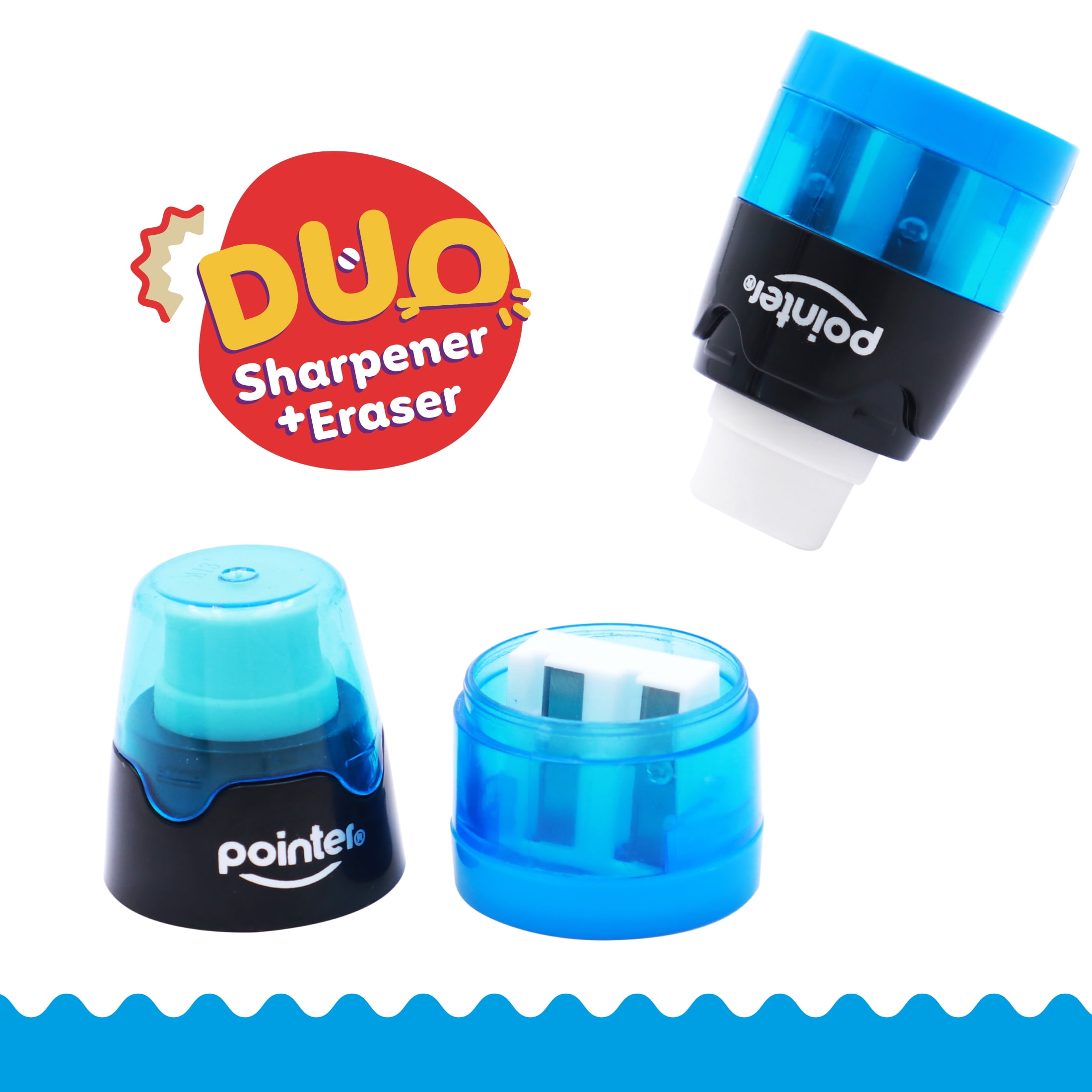 Pointer DUO Manual Pencil Sharpener, Single-Hole with Built-In Eraser, Assorted Colors, 16 Count