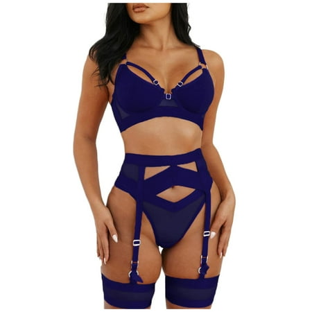 

BIZIZA Women s Bra and Panty Set Underwire with Garter Belt High Waisted Lace Sexy Lingerie Sets Two Piece Blue S