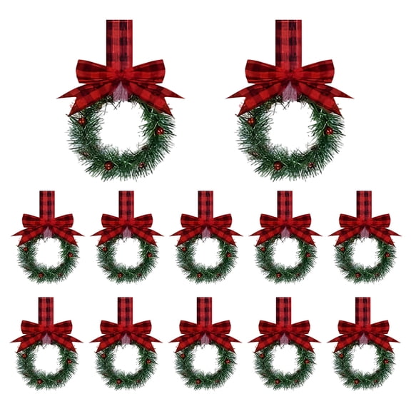 12 Pcs Christmas Wreaths, 5.1 in / 13 cm Mini Red Black Plaid Hanging Wreaths with Buffalo Check Bow, Small Holiday Indoor Decor for Kitchen Cabinet, Windows, Wall, Door