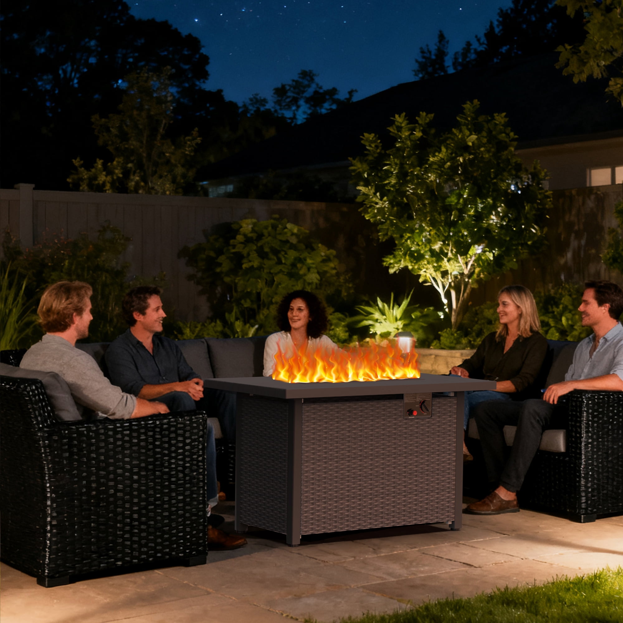 GOJOOASIS 42” Fire Pit Table, Propane Fire Pit with Metal Tabletop Auto-Ignition Outdoor Rattan Fire Pit with Glass Wind Guard & Waterproof Cover