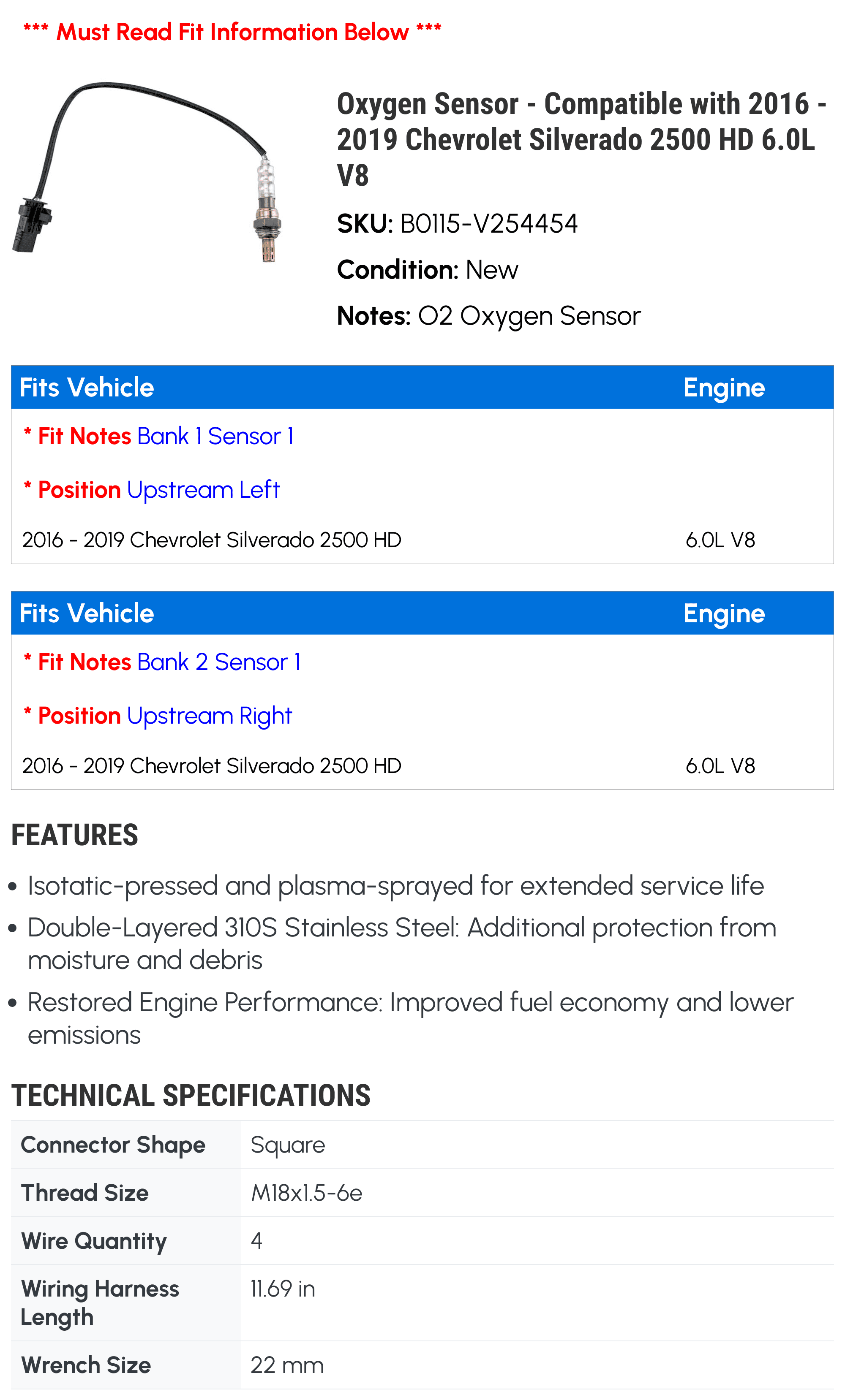 Oxygen Sensor - Compatible with 2016 - 2019 Chevy Silverado