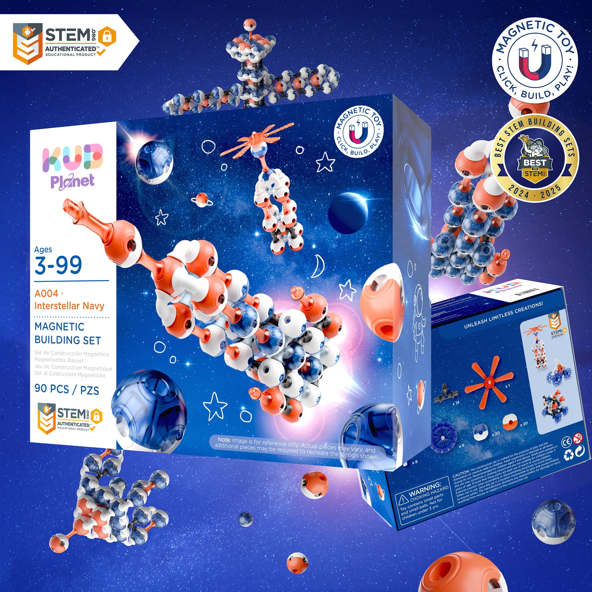 KUB Planet: Magnetic Building Set - Interstellar Navy - 90pc Space Color Construction Blocks, Click-Build-Play, STEM Educational Stacking Toy, Kids 3+