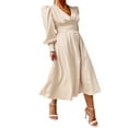 thumbnail image 3 of PENGXIANG Robe Maxi Formelle en Satin pour Femmes Manches Longues Bouffantes Col en V Profond Taille Empire Robe de Soirée Cocktail Rouge Vin TG, 3 of 8
