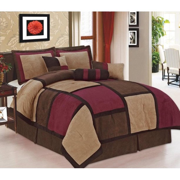 Legacy Decor 5 piece Burgundy, Brown and Beige Micro Suede Patchwork