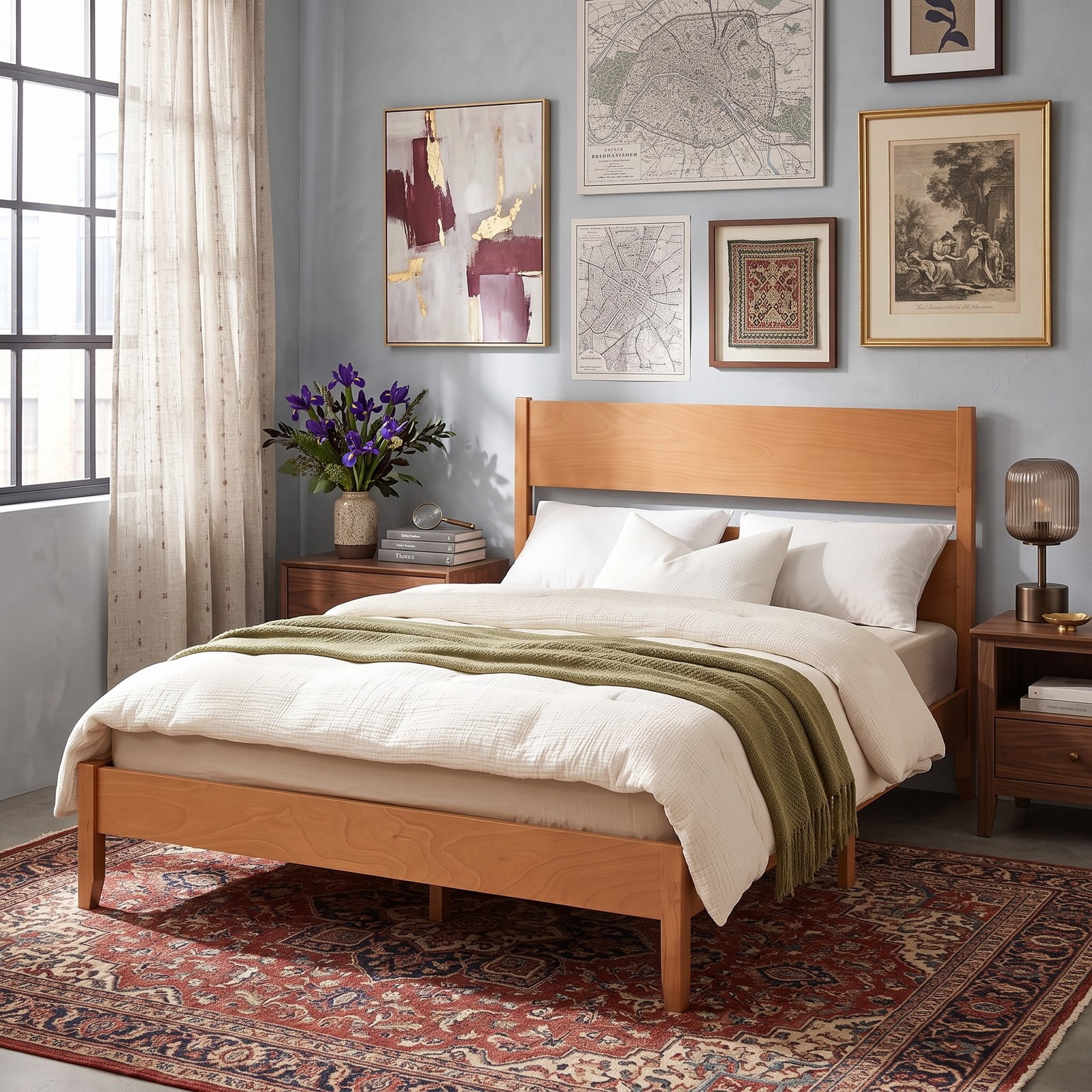 Furnibear Queen Bed Frame, Wood Platform Bed Frame with Headboard, Low Profile Queen Size Bed Frame with 12 Slat Support for Bedroom, Warm Brown