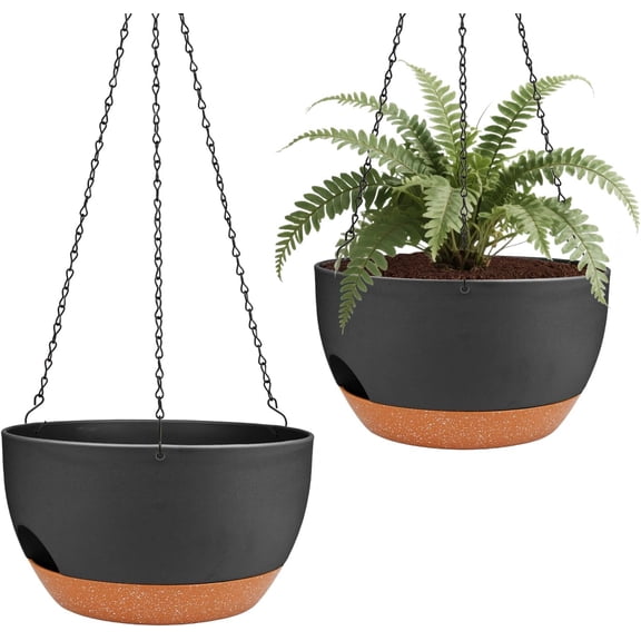 2 Pack Self Watering Hanging Planters with Hangers, 12-Inch Basket, 10-Inch Pot, Black Outdoor Indoor Plant Baskets