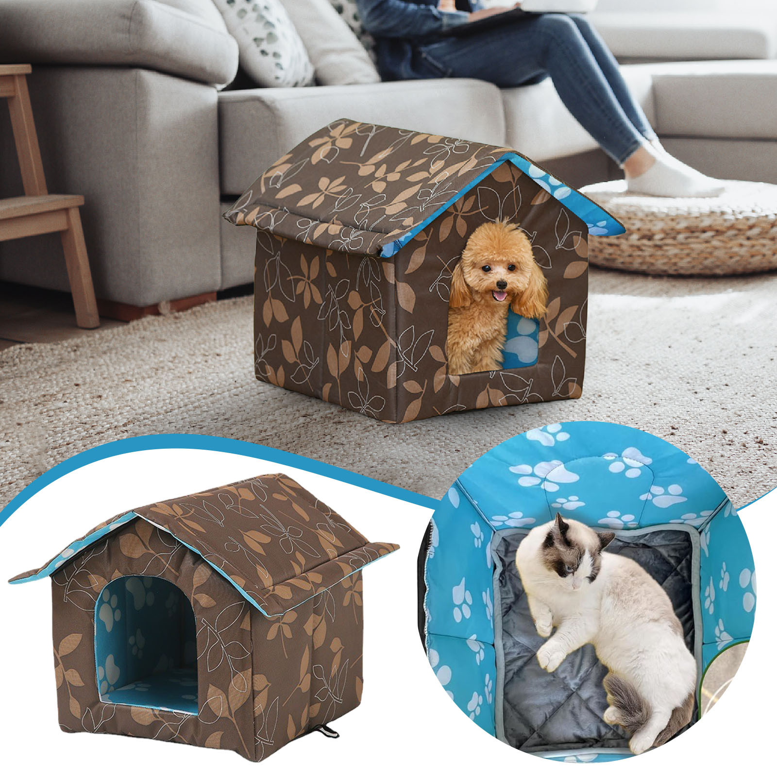 Outdoor indoor Winter with Self Warming Pad Heat insulated Shelter Enclosure for Cats Dogs Rabbits Portable Collapsible Tent for Feral Animals Pet