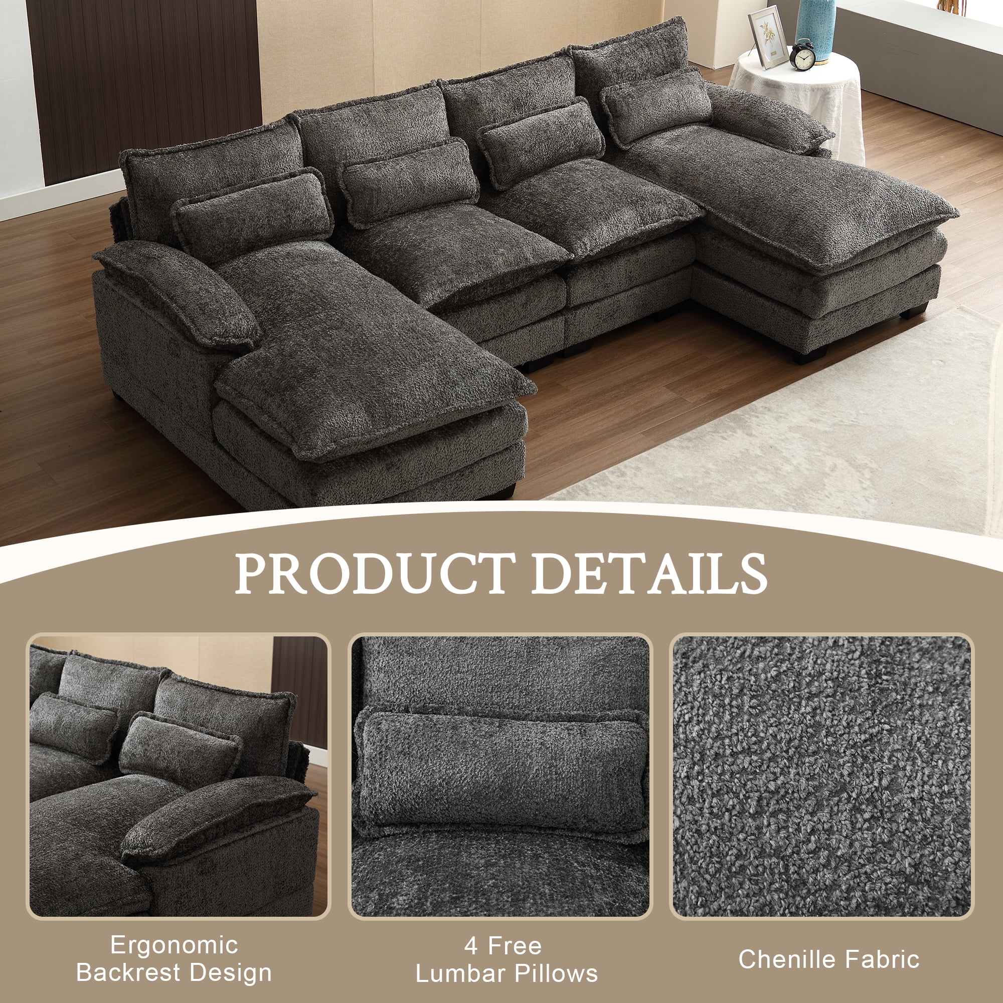 MOONMISS Chenille Upholstered U-Shaped Oversized four-seater Living Room Sectional Sofa With Wooden Frame-Gray