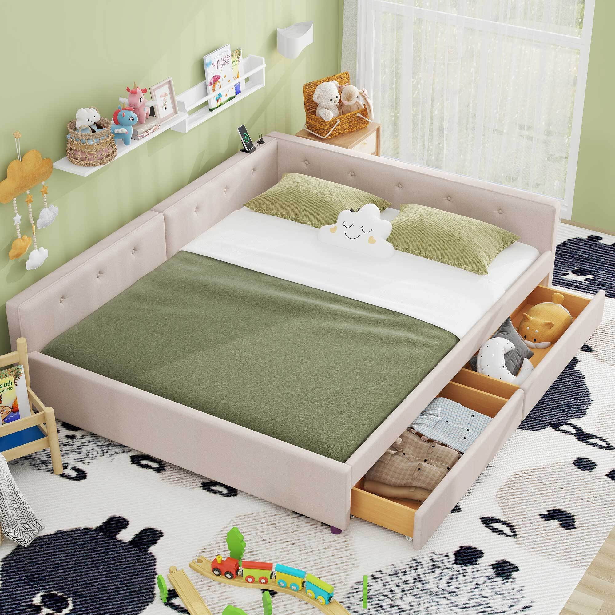 Euroco Upholstered Queen Size Platform Bed with 2 Storage Drawers for Kids Teens, Beige