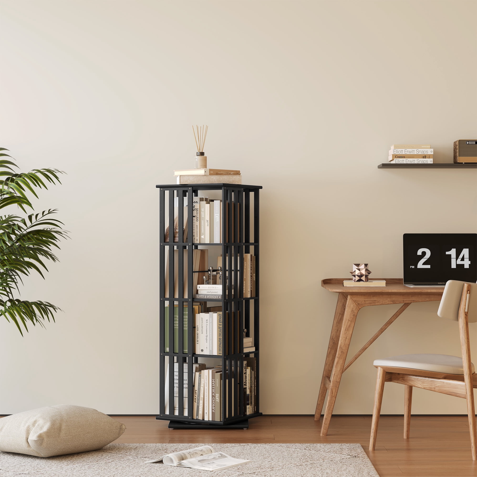 Yowos Bookcase, 4 Tier Rotating Bamboo Bookshelf 360° Spinning, Black