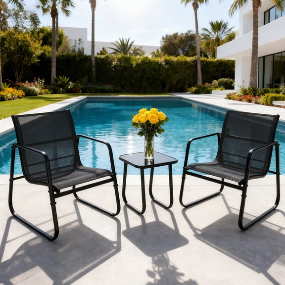 Simenmax 3-Piece Outdoor Set, Outdoor Furniture Set with Textilene Chairs & Glass-Top Table, Conversation Set of 3 for Porch, Lawn, Garden, Yard, Balcony, Poolside, Black