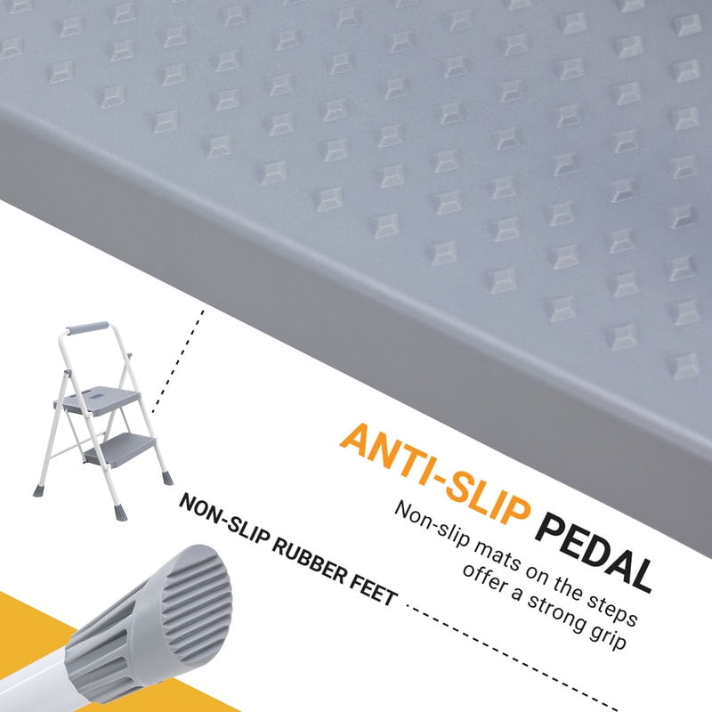 Gianna Step Ladder, 2 Step Stool Foldable with Anti-Slip Pedal & Comfortable Handrail, 800lbs Capacity Sturdy Steel Ladder, Portable Heavy Duty Step Stool for Kitchen, Garage & Outdoor Use, Grey