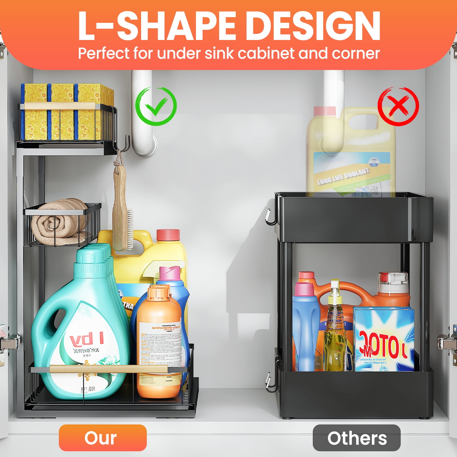 Alow Under Sink Organizer and Storage for Bathroom and Kitchen - 2 Pack Pull Out Under Cabinet Shelf Organizers - 3 Tier Sliding Out Drawer Organization for Home Cabinets Shelves and Drawers