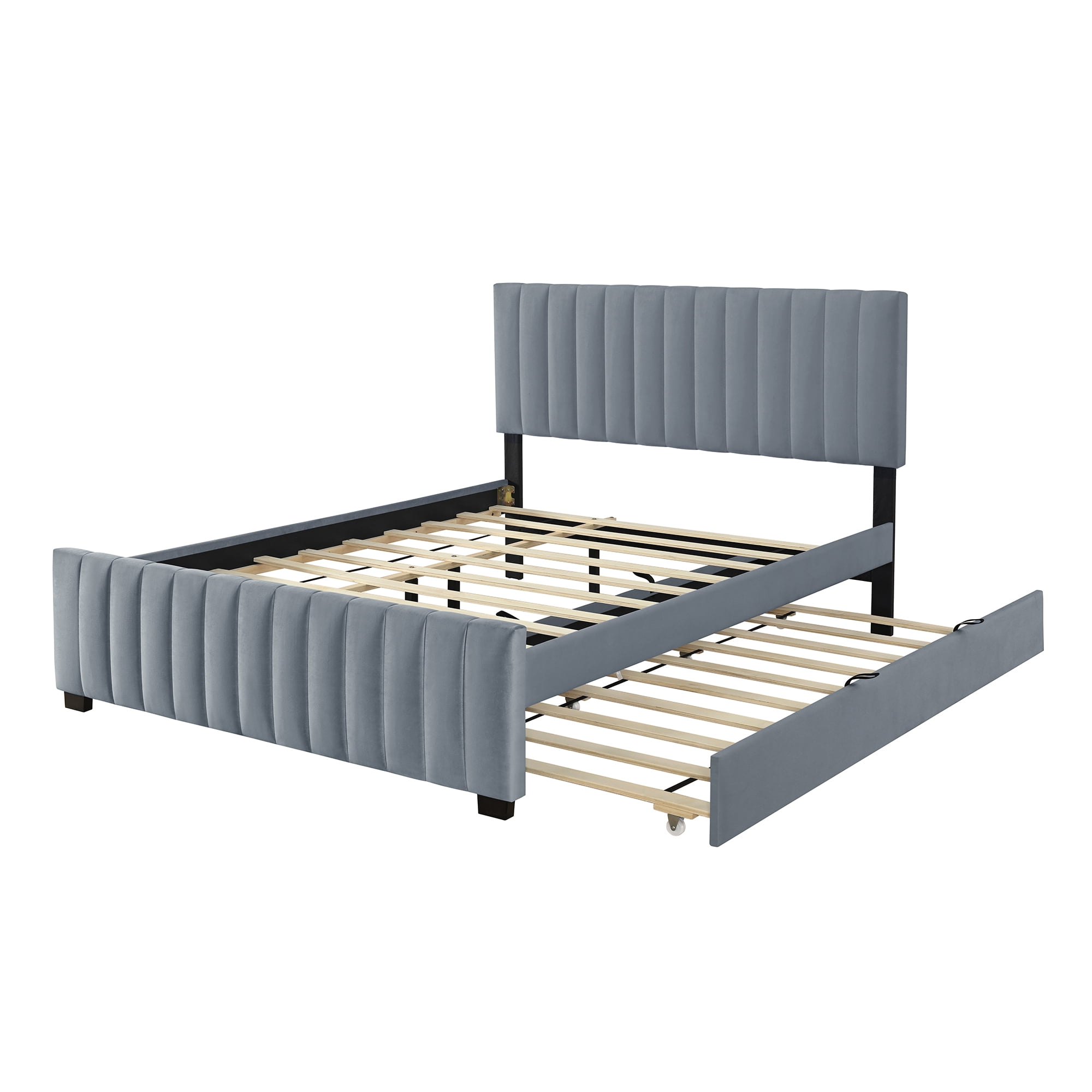 Queen Size Velvet Upholstered Platform Bed with Twin XL Trundle, Space Saving Bed Frame for Sleepovers and Guest Room, Gray