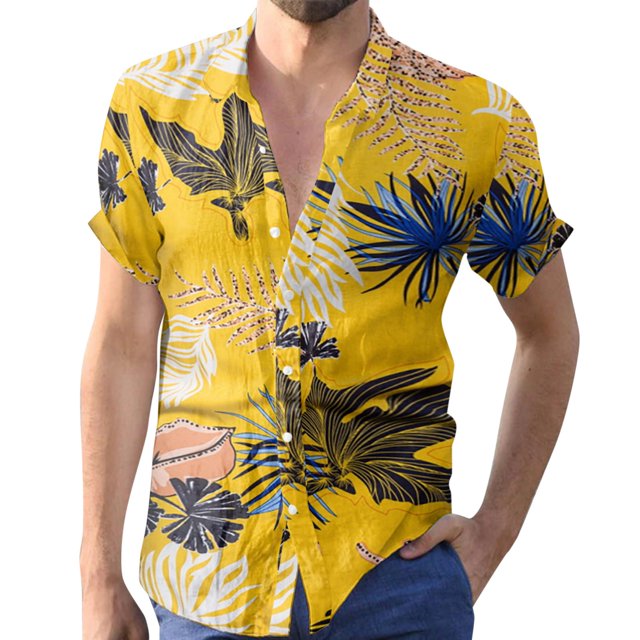 Camisas Para Hombre Manga Larga Negra Hombres Primavera y Verano Top Colorido Estampado floral Solapa suelta Tops Camisa Vacaciones al libre Camisa de manga corta (Yellow, XXL)