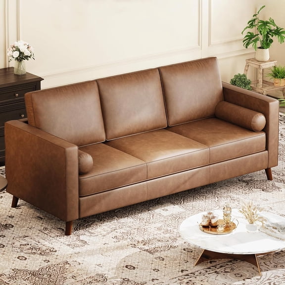 81" Leather Sofa for Living Room, Mid-Century Modern Couch with Deep Seats, Brown Faux Leather Couch, 3 Seat Sofa with Removable Cover for Apartment, Office, Brown