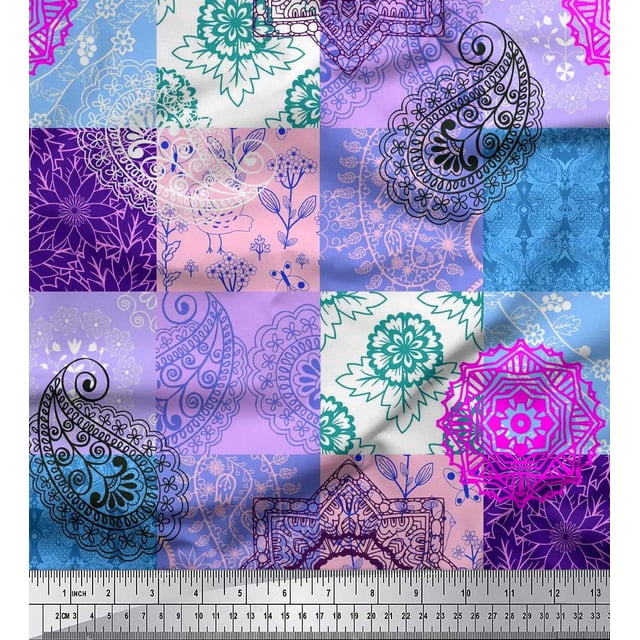Soimoi polyester Crepe Fabric Mandala & Paisley Patchwork Printed Fabric 1 Yard 52 Inch Wide