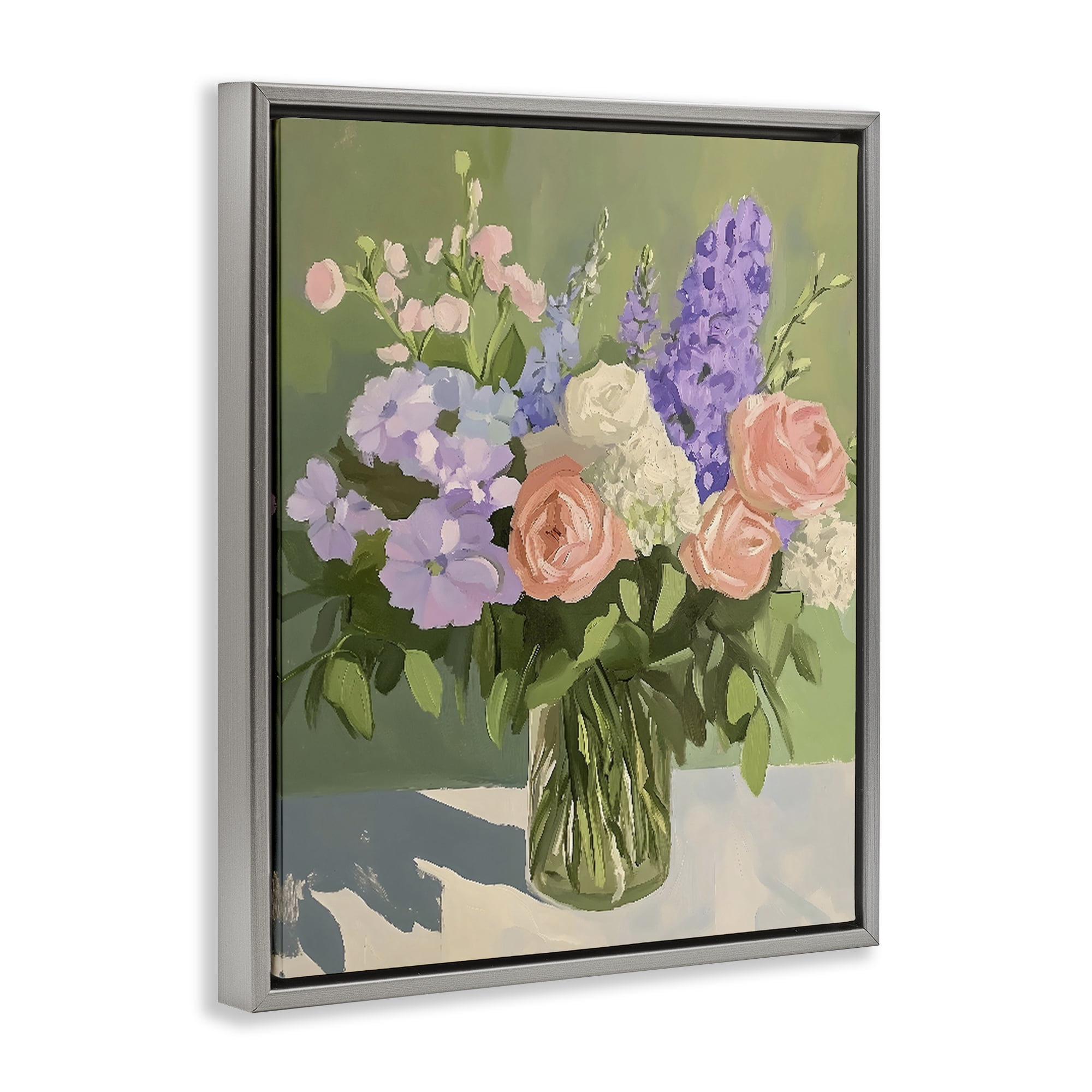 Stupell Industries Mixed Roses & Lilacs Bouquet Gray Framed Floater Canvas Wall Art, design by The Prints Vibe
