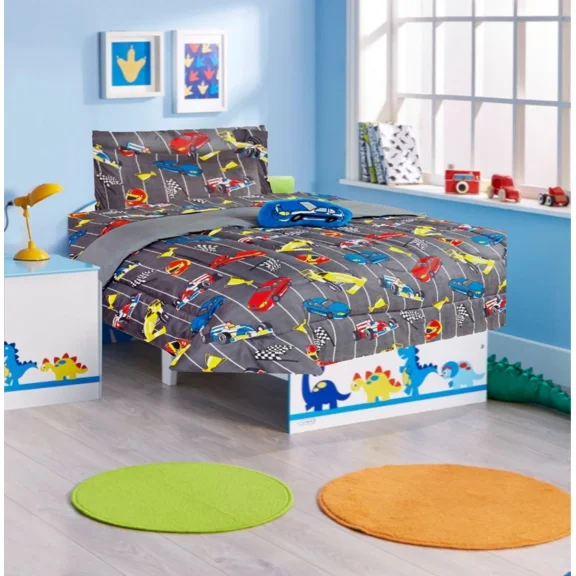 Bedding Set Twin 6pc Race Car Charcoal Complete Bed in Bag Comforter with Plushie Toy Friend Matching Sheet Set.