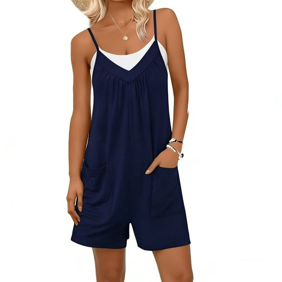 PWPSG Womens Summer Rompers Square Neck Spaghetti Strap One Piece Playsuits Ribbed Shorts with Pockets Blue L