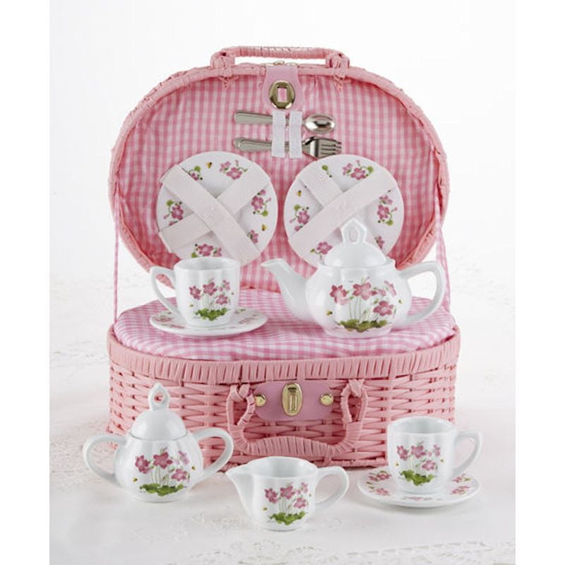 Delton Porcelain Tea Set in Basket, Pink Flower