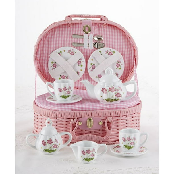 Delton Porcelain Tea Set in Basket, Pink Flower
