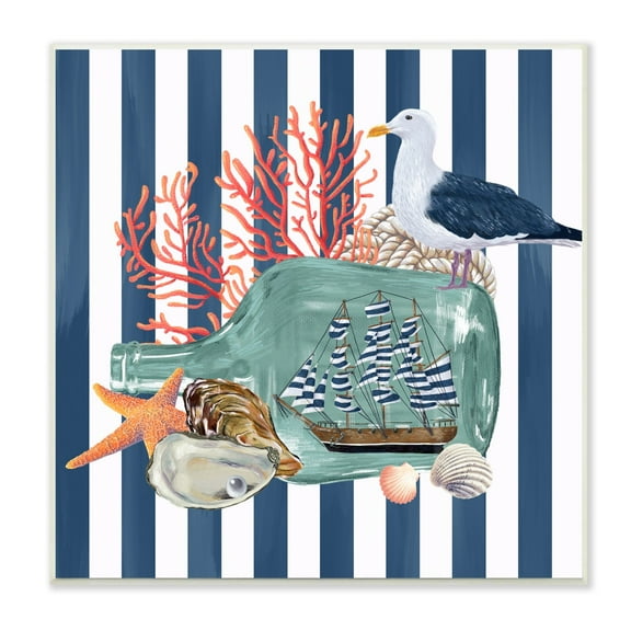 Stupell Industries Ship In Bottle Perched Seagull Marine Life Stripes Graphic Art Unframed Art Print Wall Art, Design by Raquel Maciel