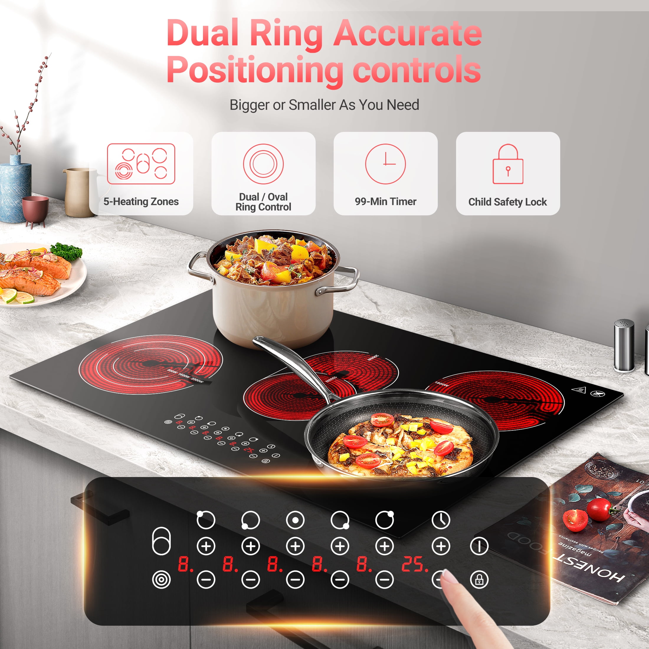 AMZCHEF 30 Inch Electric Stove Cooktop 8500W Built-in Electric Stove Cooktop with 5 Burners, Sensor Touch Control Safety Lock,220-240v, Hard Wire, No Plug