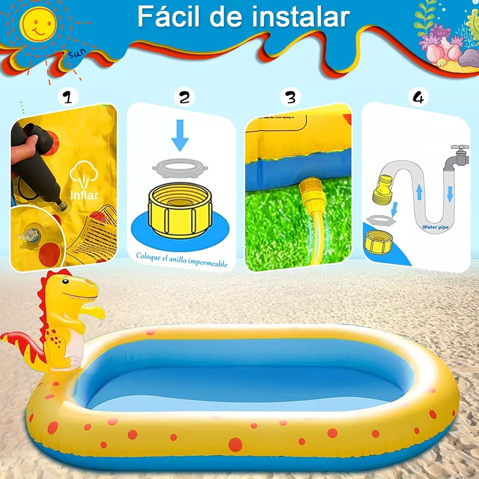 Inflatable Sprinkler Pool , Cute Dinosaur Pool, 3-in-1 Backyard Splash Pad Swimming Outdoor Water