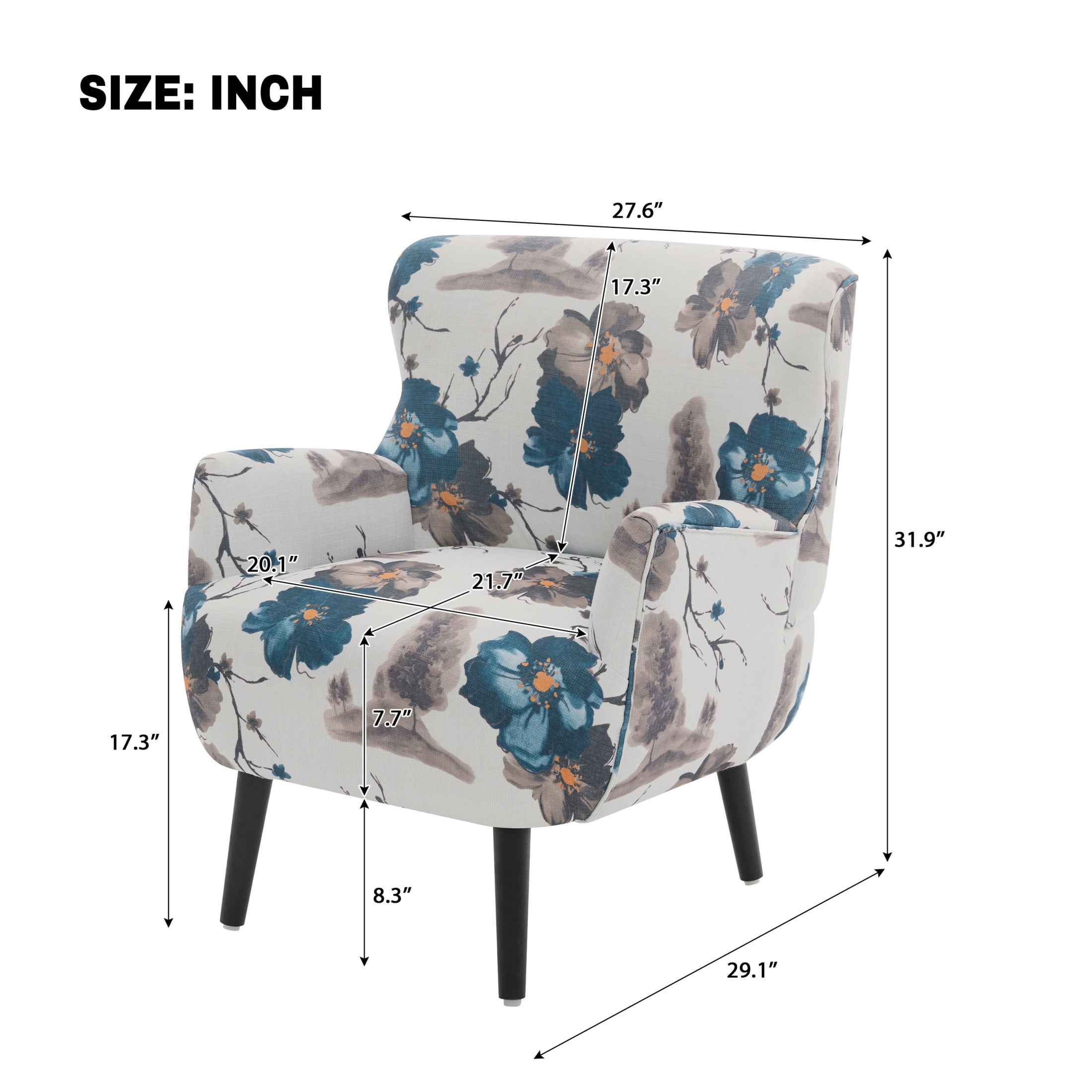 Christopher Knight Home Floral Upholstered Accent Club Chair with Round Arms, Wooden Legs, White+Blue