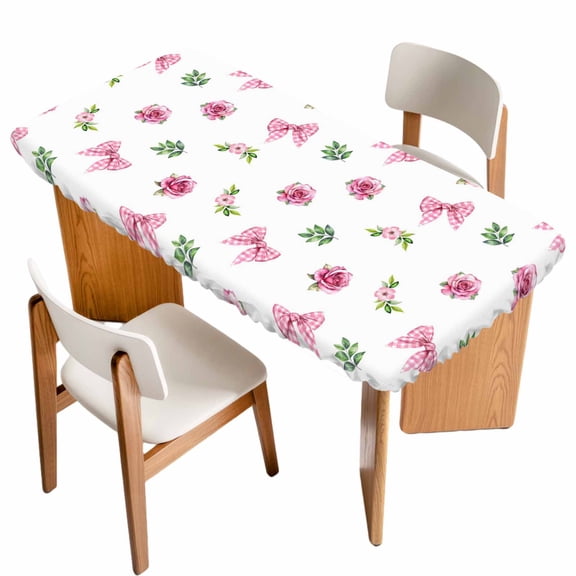 Valentine's Day Table Cloths for 3 Foot Rectangle Tables, Spring Roses Romantic Pink Bows Leaves Patio Waterproof Elastic Fitted Tablecloths, Washable Rectangular Table Cover for Camping