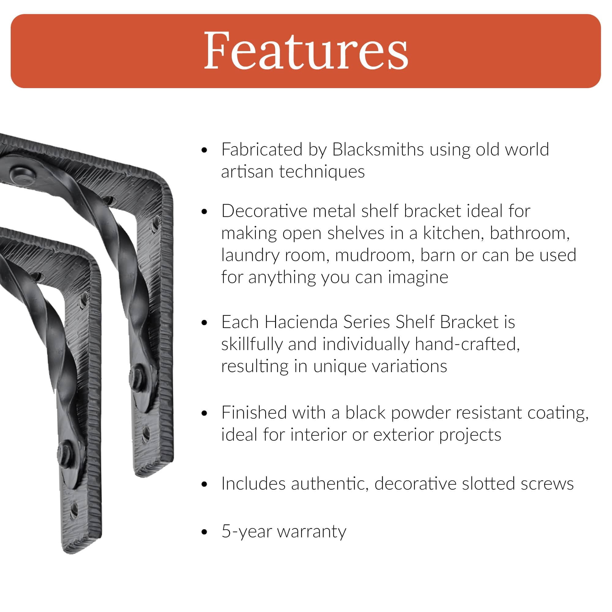 Wall Shelf Brackets Heavy Duty Support 5 inch by 4 inch Hand Forged Wrought Iron for Open Shelves in Hallways, Kitchens, Closets & Garages - The Hacienda Series