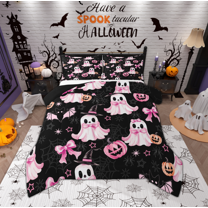 Manfei Kawaii Pink Ghost Queen Comforter Set for Kids, Princess Ribbon Bowknot Bedding Sets, Sugar Halloween Pumpkin Reversible Bedding Comforter Set, Microfiber Bedroom Decor, 3-Piece