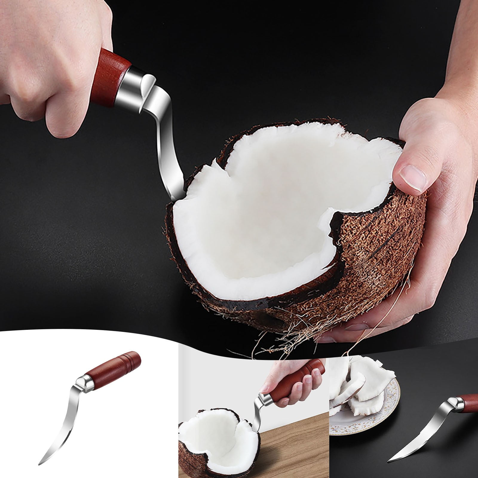 Xuewenshw Extracteur de Viande en Forme de Croissant en Acier Inoxydable Kni Fe pour Noix de Coco Séparation et Coupe Poignée en Bois Pointue Machine à Noix de Coco Articles pour la Maison et la Cuisine
