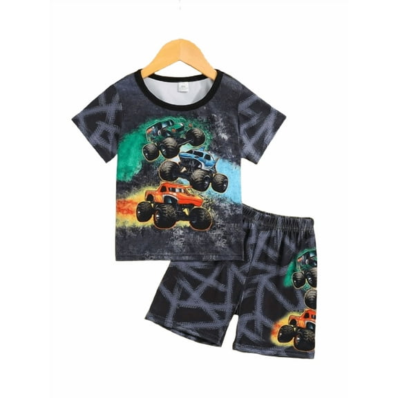 Boys Summer Trucks Outfit Splash Ink Racing Car Print Short Sleeve Casual Tee Elastic Shorts 2Pc Clothes,Best Gift For Infant Toddler Kid