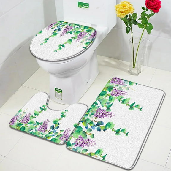 Purple Butterfly Floral Bath Mat Set Modern Watercolour Flowers Plants Home Carpet Bathroom Decor Floor Rugs Toilet Lid Cover
