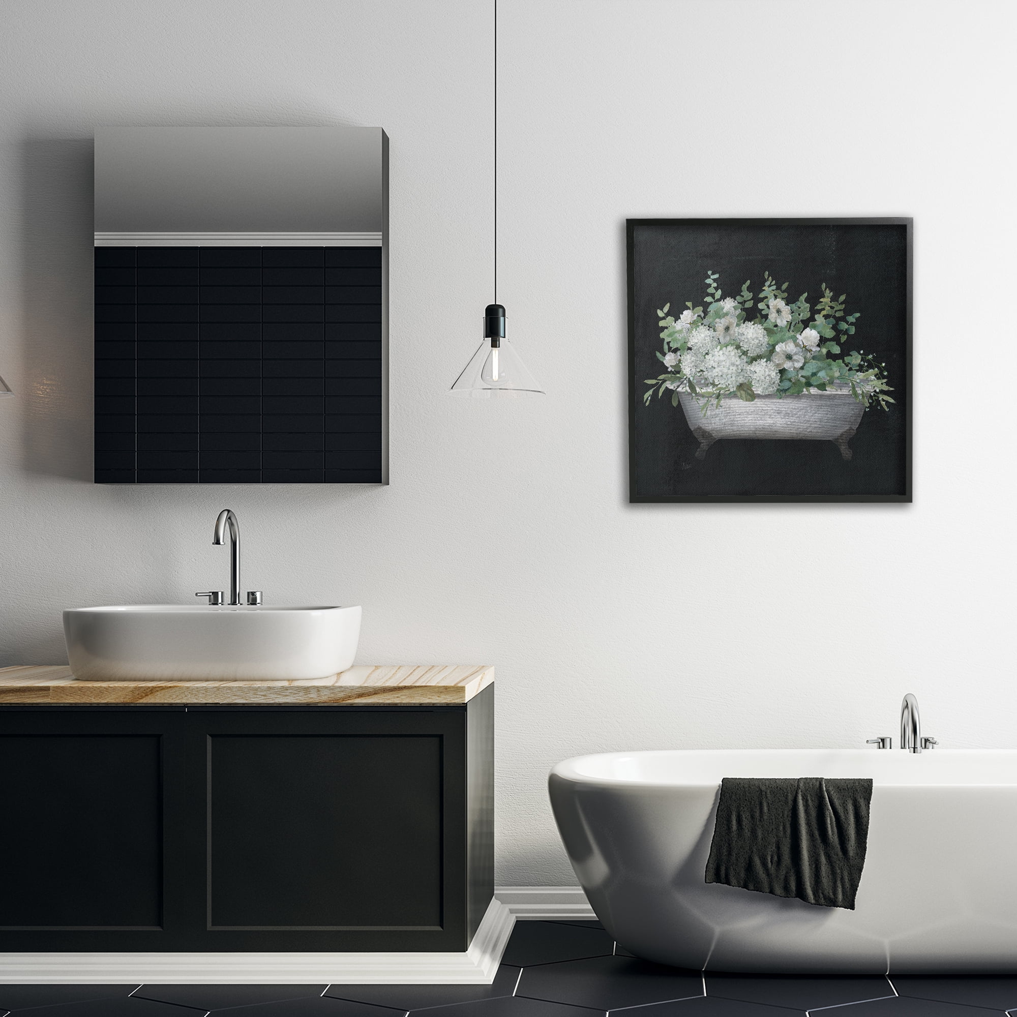Stupell Industries Floral Bath on Black Typography Painting Black Framed Art Print Wall Art, 24 x 24