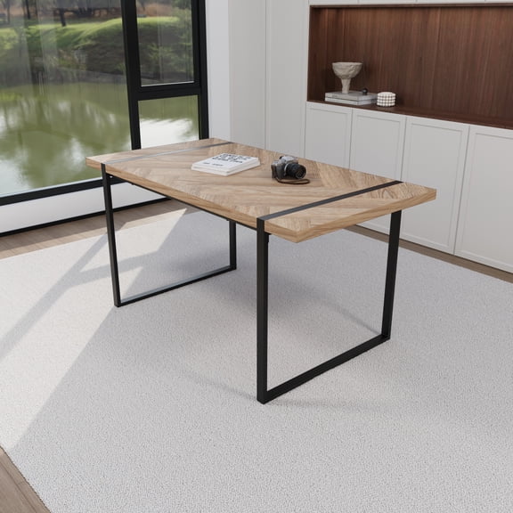 Pinovk 59 " dining table modern industrial rectangular MDF light wood , 4-6 people, 1.5" thick engineering wood tabletop and black rectangular metal legs, used for home & kitchen