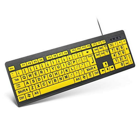 Large Print Computer Keyboard, high Contrast Yellow Keys, Large Print Letters, Ideal for The Visually impaired, USB Wired Keyboard