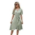 thumbnail image 2 of Women'S Wrap Dress V Neck Short Sleeve Waist Tie Ruffle Split Midi Casual Dress Light green M, 2 of 9