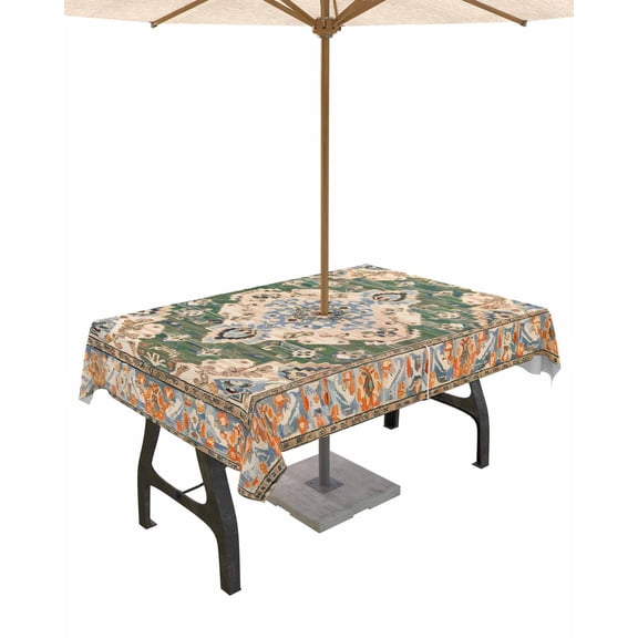 Outdoor Tablecloth with Umbrella Hole for Patio/Picnic/Party/Camping, Boho Waterproof Table Cloth Rectangle Table Cover Washable, Green Brown Ethnic Tribe Abstract Vintage Western 60"x 84"