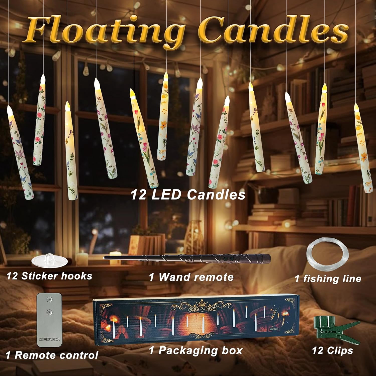XINAOBAOLUO Floating Candles with Wand Remote Timer 12PCS Floral Flameless Taper Candle LED Magic Hanging Candlestick Battery Operated Floating Candles for Dinner Home Wedding Garden Party Decor
