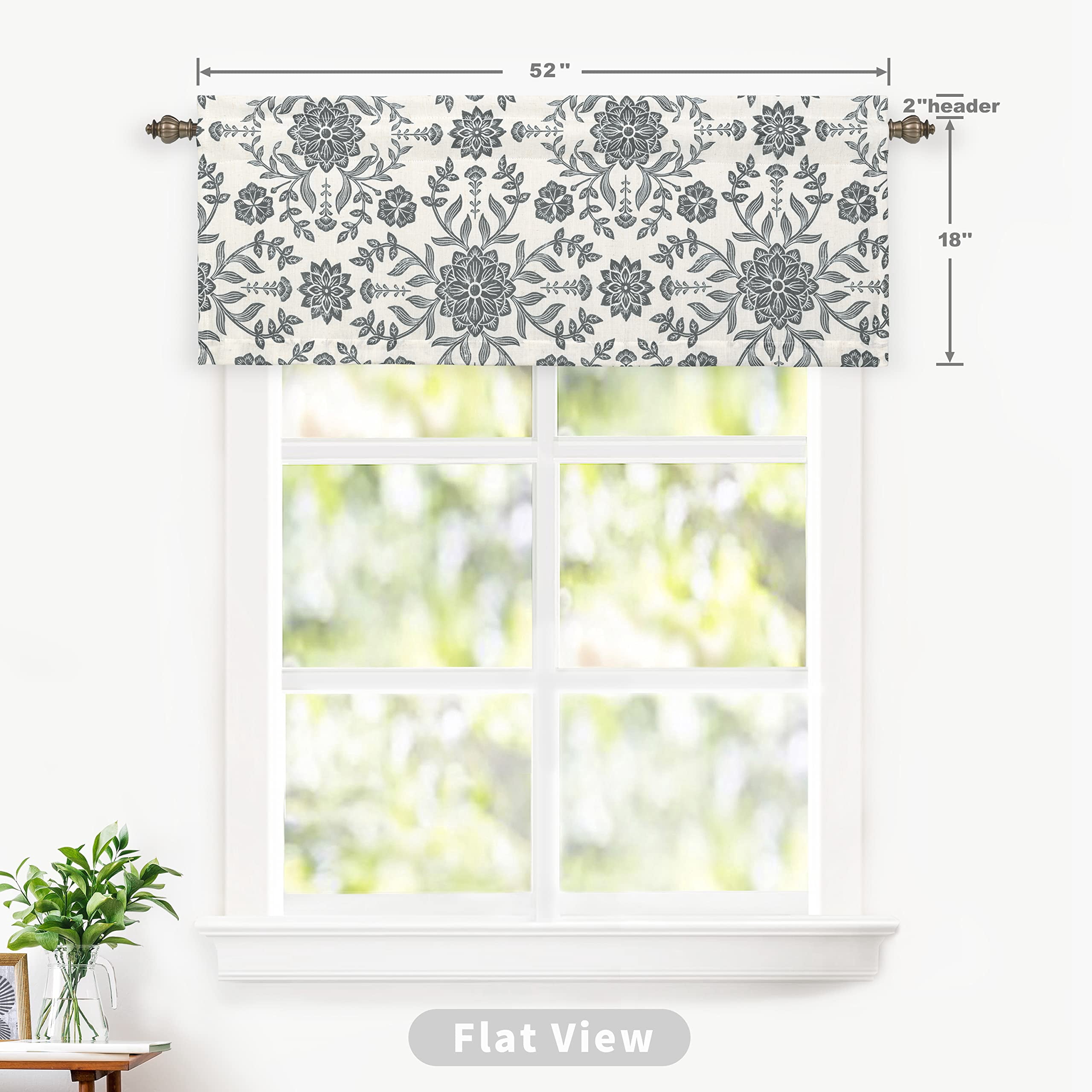 DriftAway Twyla Linen Blend Blackout Valance for Kitchen 18 Inch Length Boho Floral Printed Lined Rod Pocket Room Darkening Window Curtain Valance for Living Room Bedroom 52x18 Inch Ivory Gray