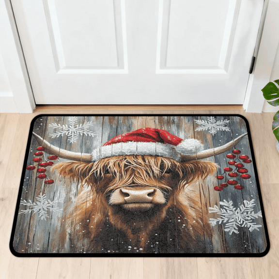 CURLYOOT Farmhouse Highland Cow in Winter Indoor Doormat, Non-Slip Absorbent Door Mat 24" x 16", Entrance Floor Mat Washable Entry Doormats for Entryway Front Back Door